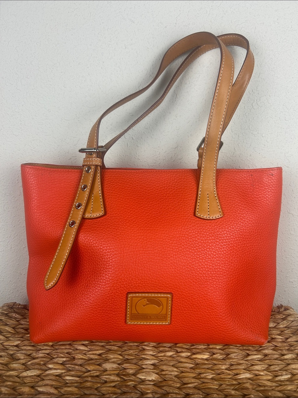 Dooney & Bourke Orange Pebble Leather Patterson Emily Tote with Tan Trim